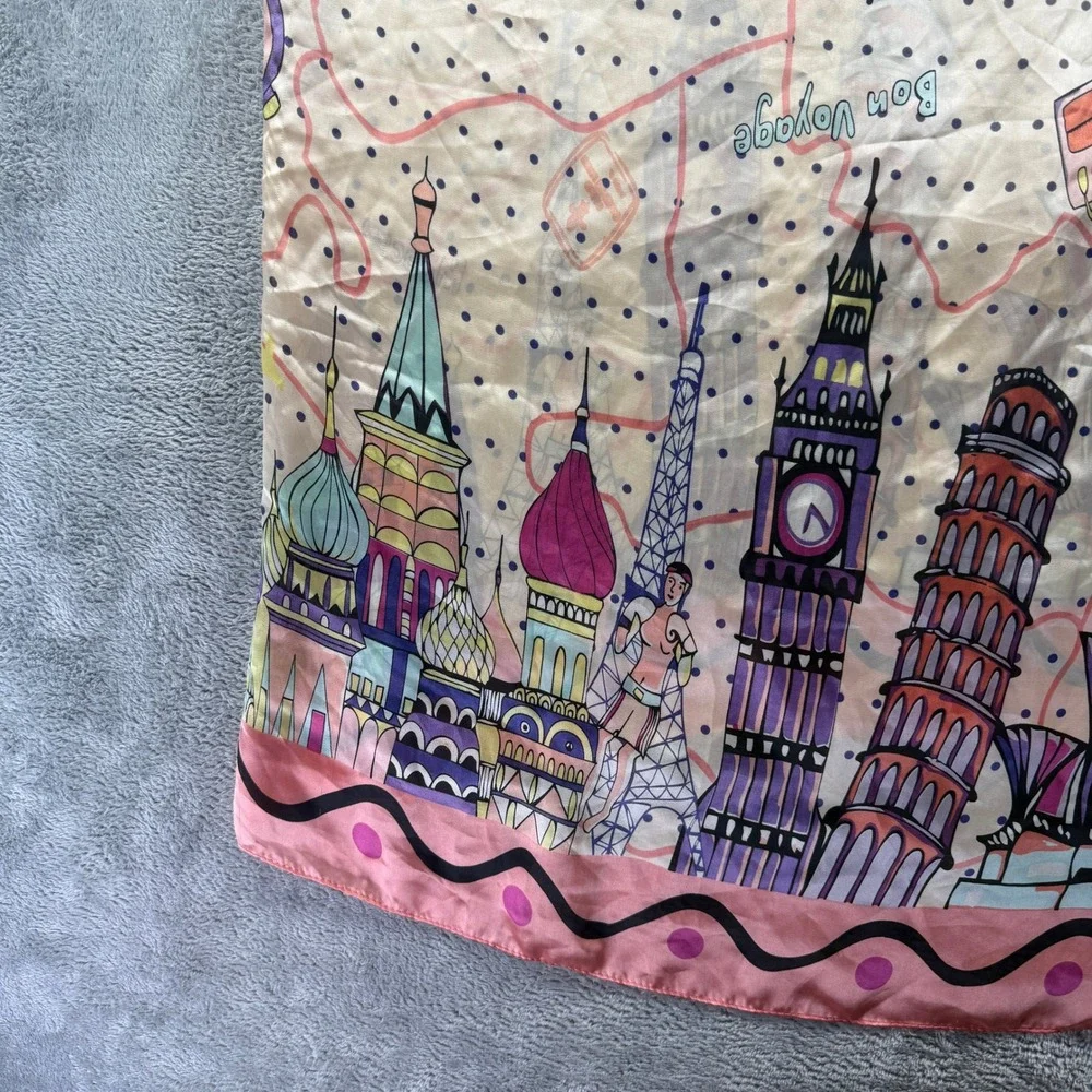 Hermes Paris Silk Scarf Bon Voyage Travel Landmark Print Pink Polka Dot France